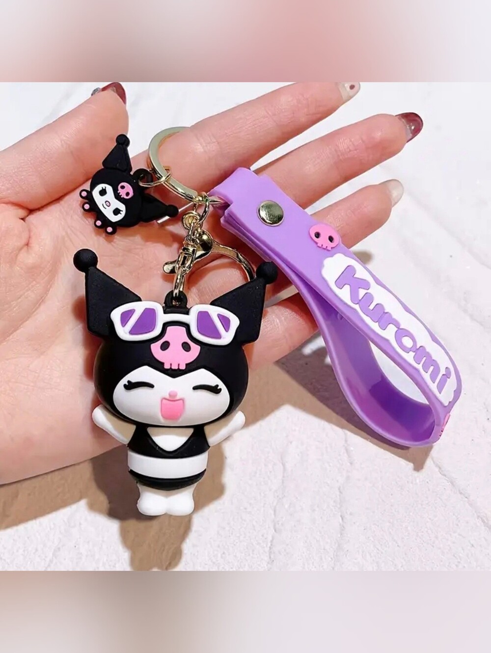 Kuromi 3D Watermelon Keychain with Purple Strap and Small Kuromi Charm attached